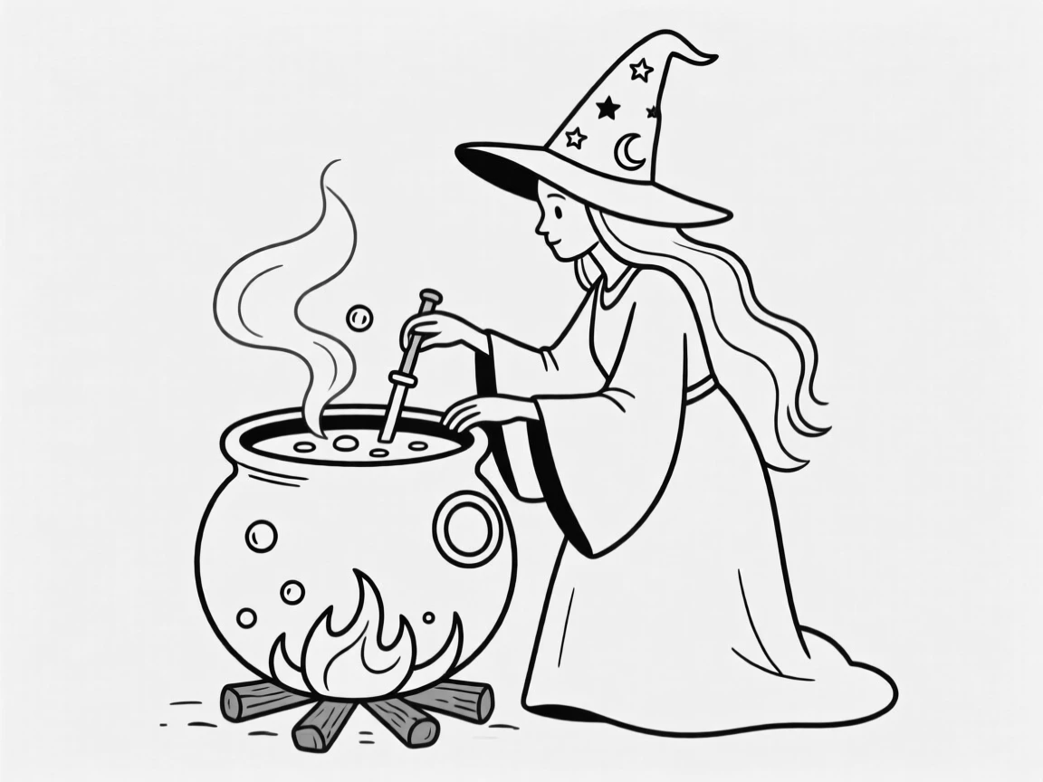 A witch brewing a potion over a bubbling cauldron