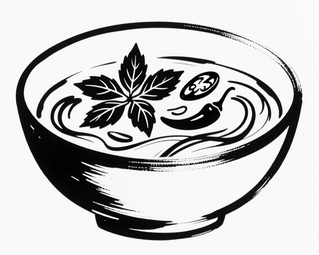 A bowl of pho garnished with fresh basil and chili slices.