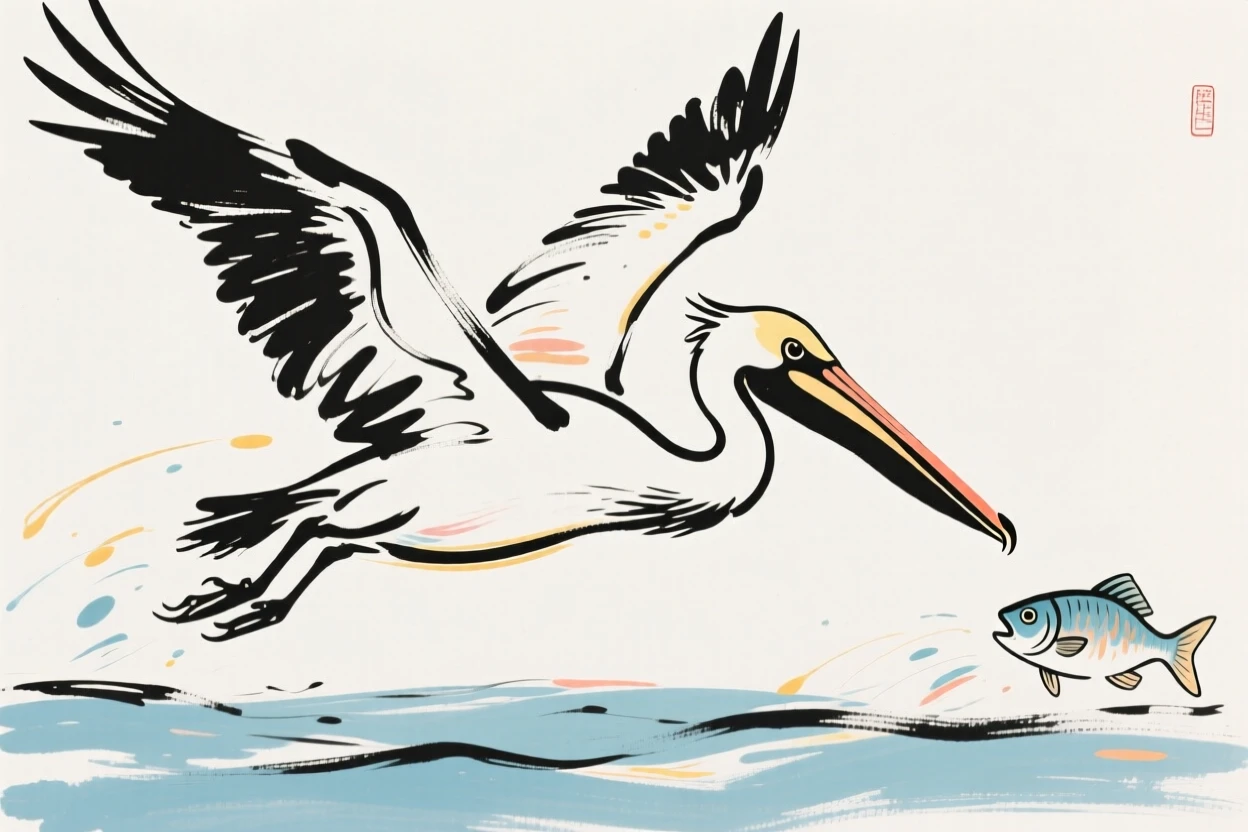 A pelican diving sharply into the ocean to catch a fish.