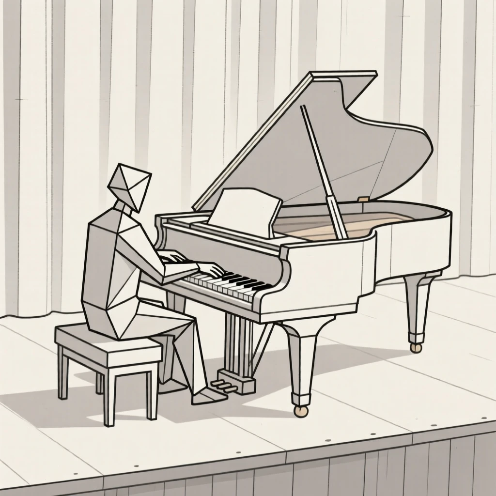 A pianist playing a grand piano on a concert stage