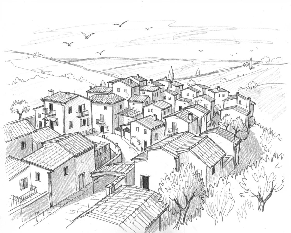 Sweeping architectural view of a hilltop Mediterranean village, bathed in warm afternoon light, with birds circling overhead.