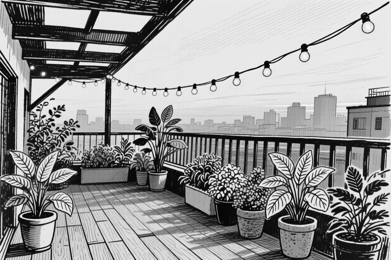 A modern rooftop terrace with string lights and potted plants at dusk.
