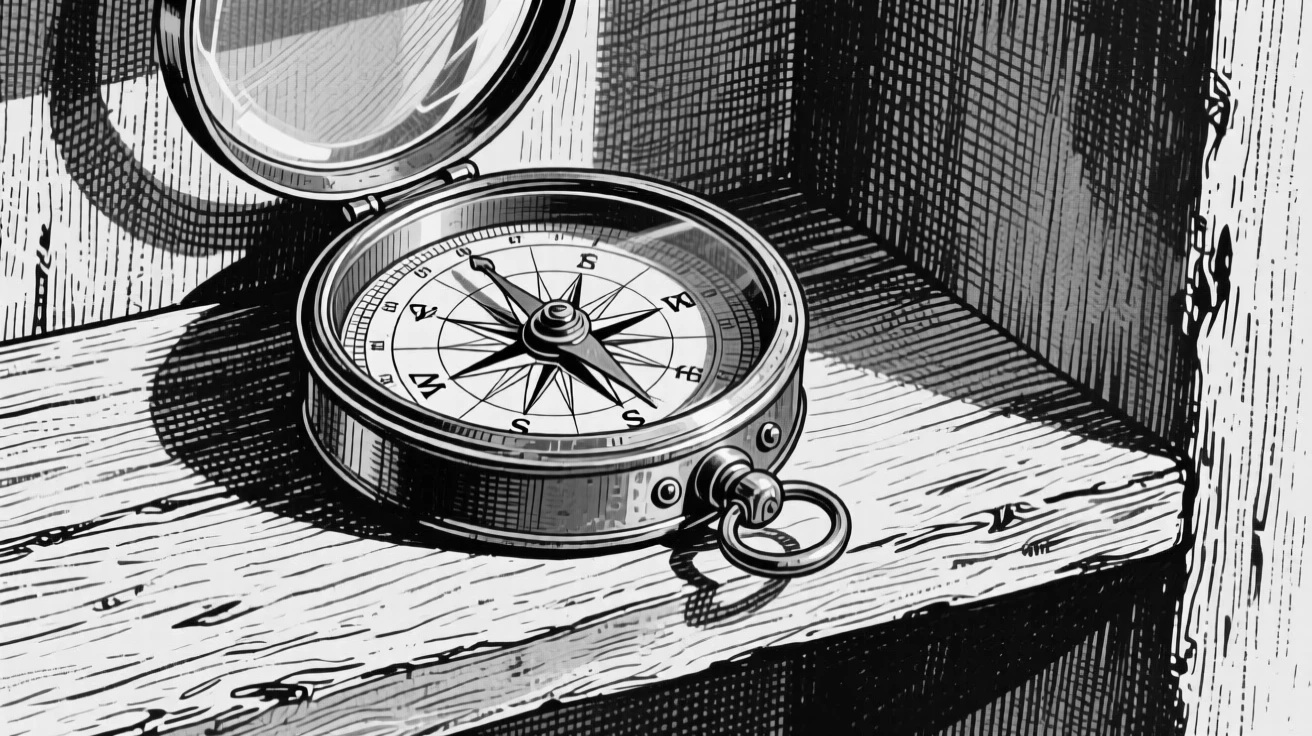 An old brass compass displayed on an open shelf, with delicate shadows stretching beside it, forming a timelessly charming still-life study.