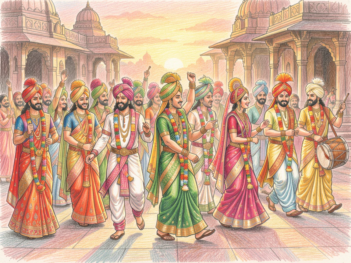 A traditional Indian wedding procession with vibrant colors and music, set against an atmospheric, evocative backdrop, evoking a sense of timeless tradition and heritage.