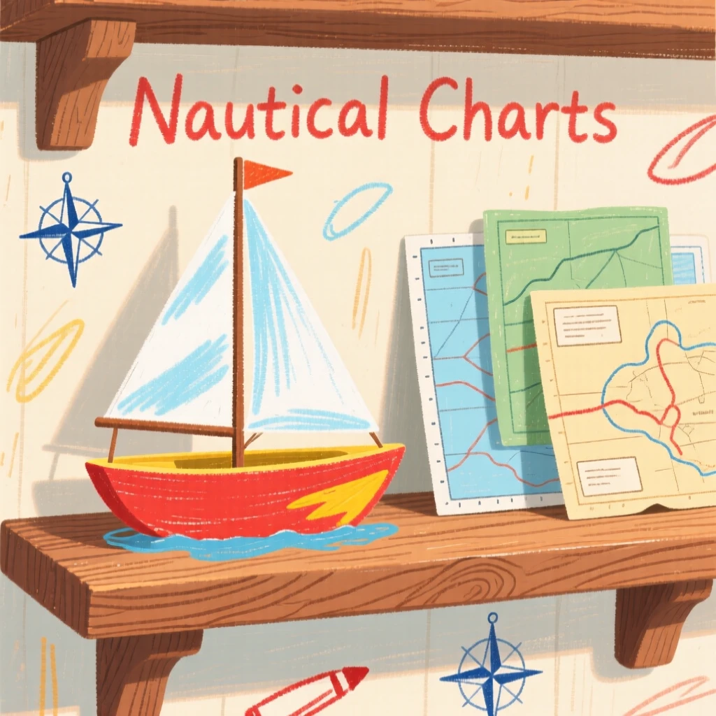 A model sailboat displayed on a shelf beside nautical charts.