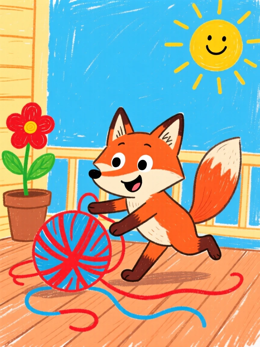 A curious fox kit playing with a ball of yarn on a porch.