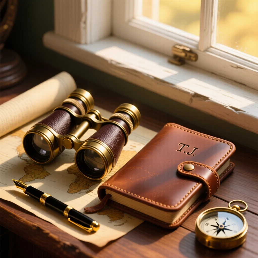 A pair of antique binoculars beside a leather travel journal, placed beside a sunlit window, arranged with complementary objects nearby for context, with soft golden light highlighting fine craftsmanship.