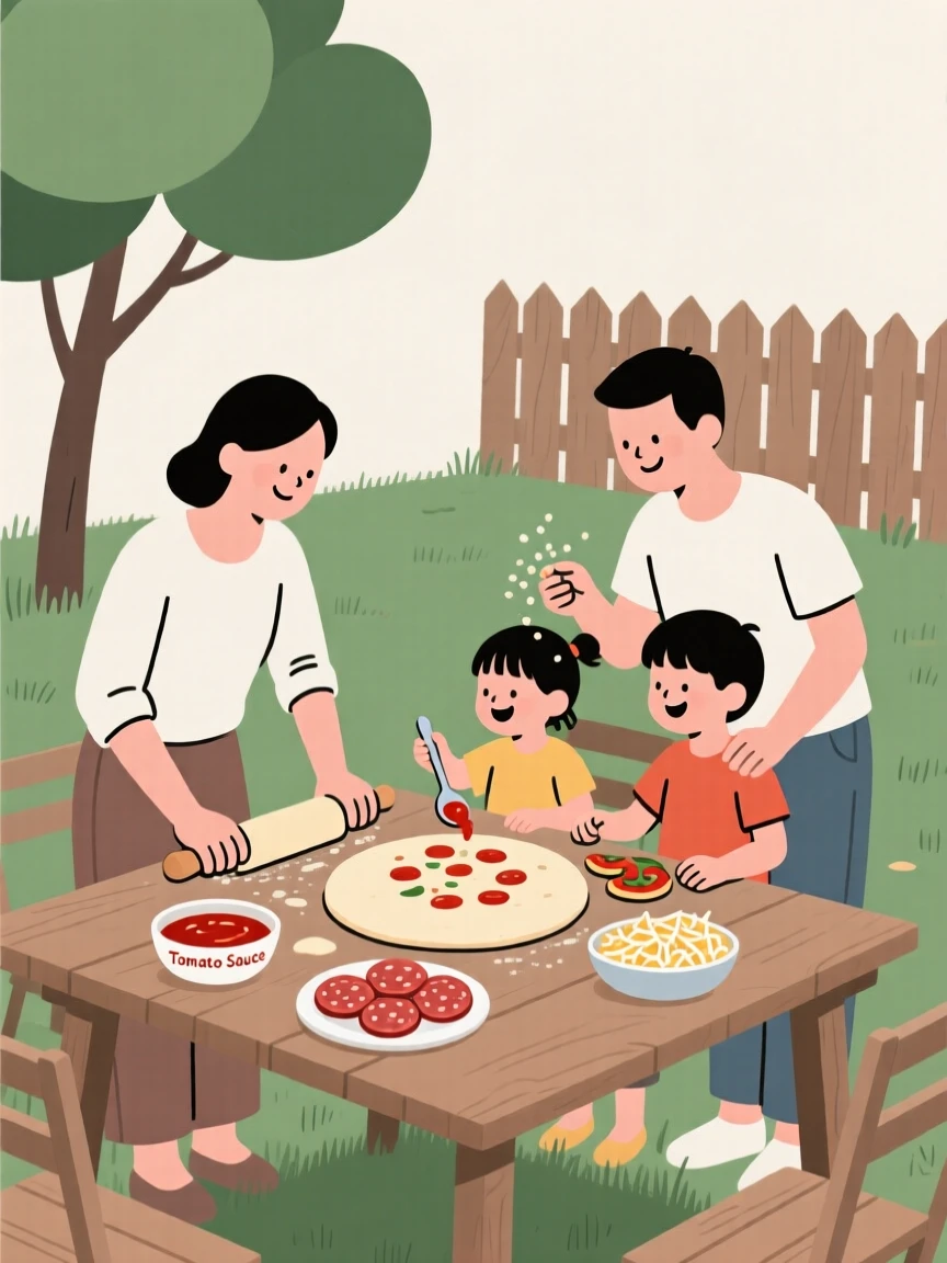 A family making pizza together in the garden.
