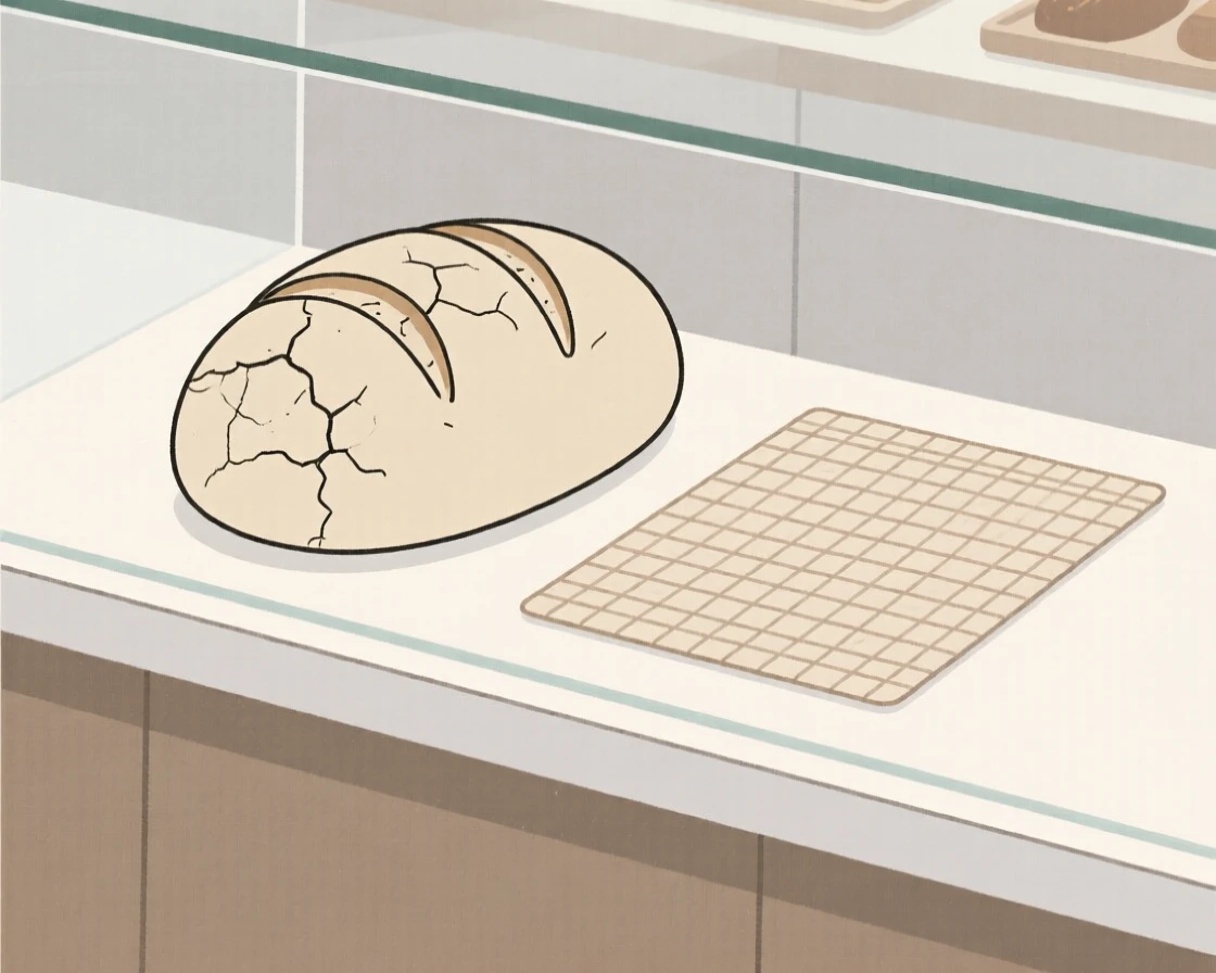 A homemade loaf of crusty bread cooling near a woven placemat on a bakery display counter, expressing fresh vibrance.