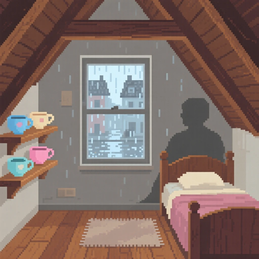A tiny attic bedroom arranged with teacups and a fogged-up window, in a loft apartment above a rainy street.