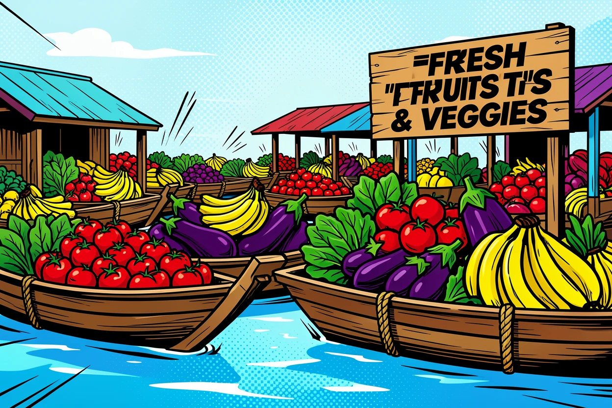 A floating market bustling with boats piled high with produce