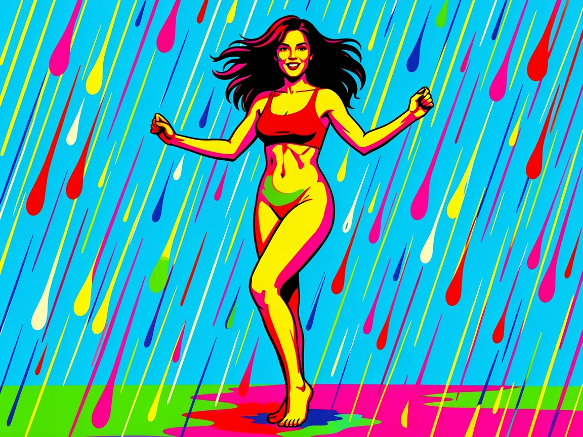 Woman dancing barefoot in a summer rainstorm