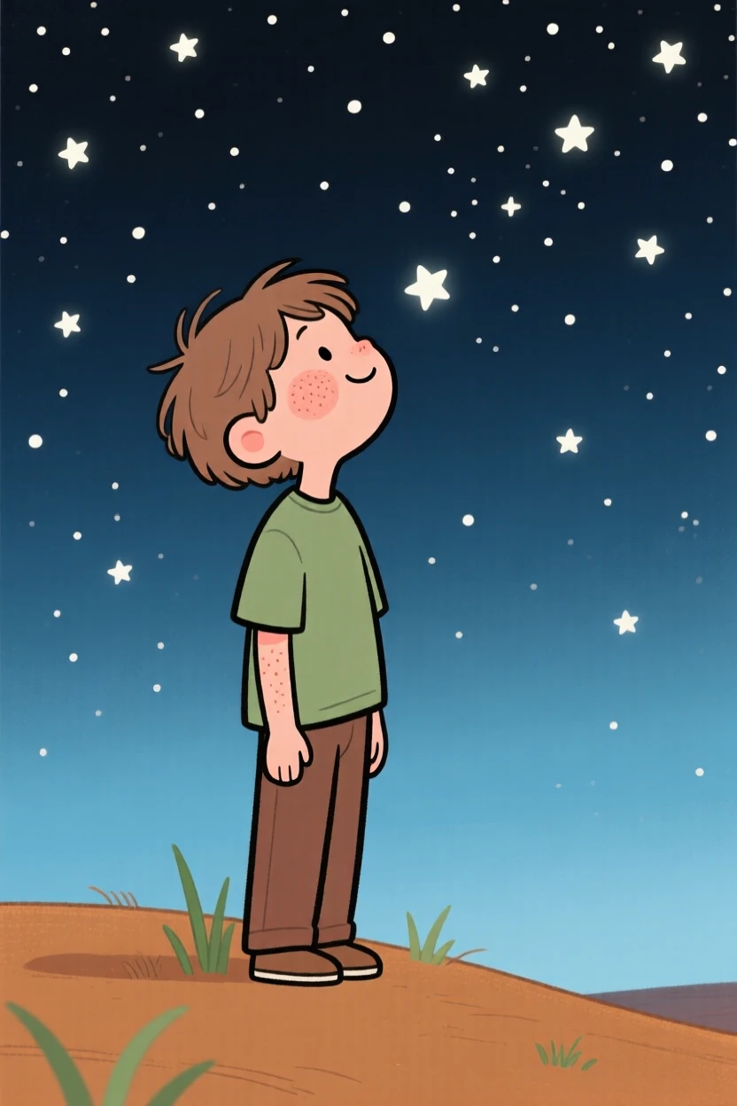 A curious teenager looks up in quiet wonder at a sky full of stars, standing perfectly still as a feeling of gratitude settles over the scene.