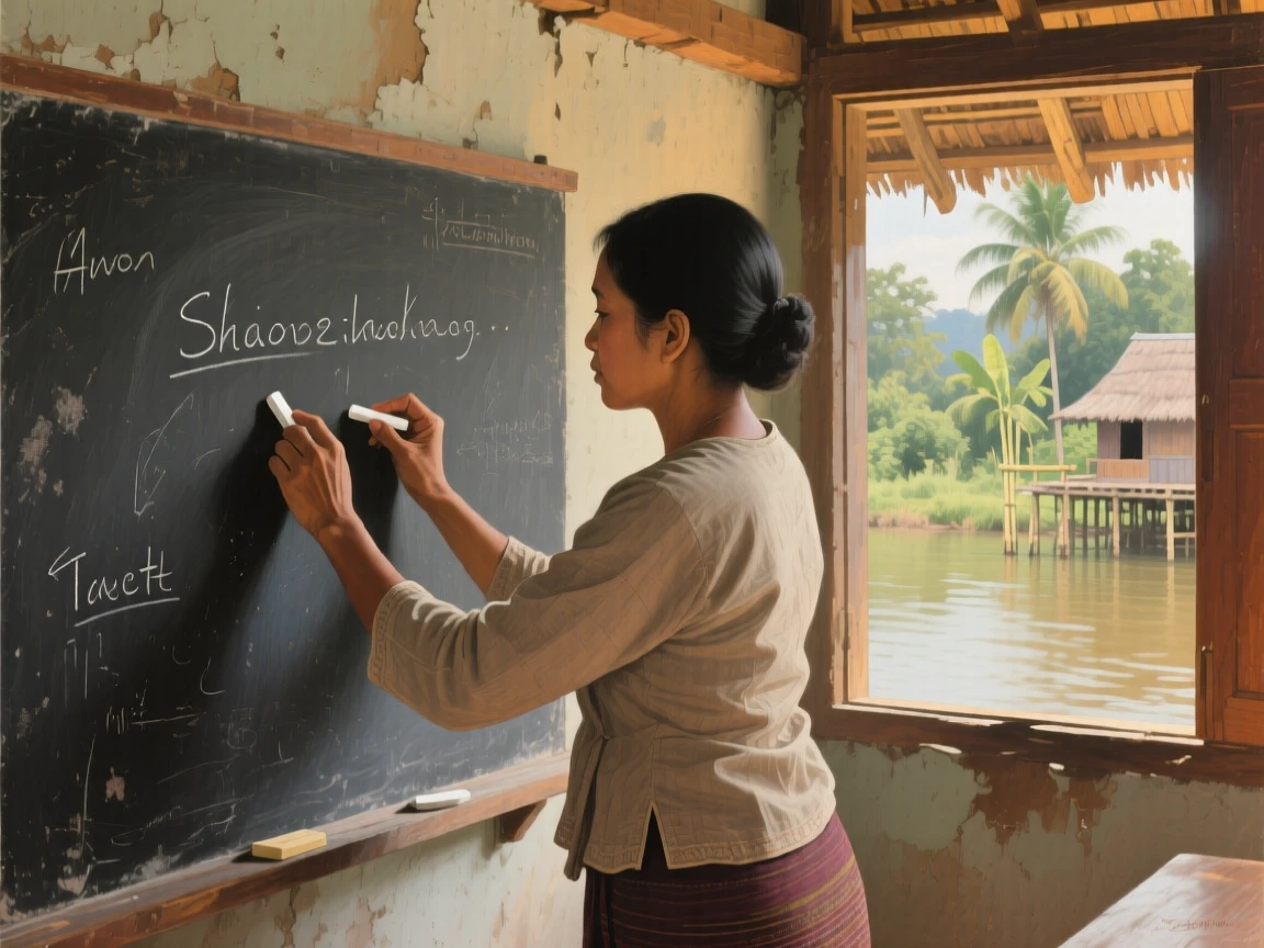 An intimate close-up of a schoolteacher writing on a chalkboard in a one-room schoolhouse, in a Thai river village, at midday.