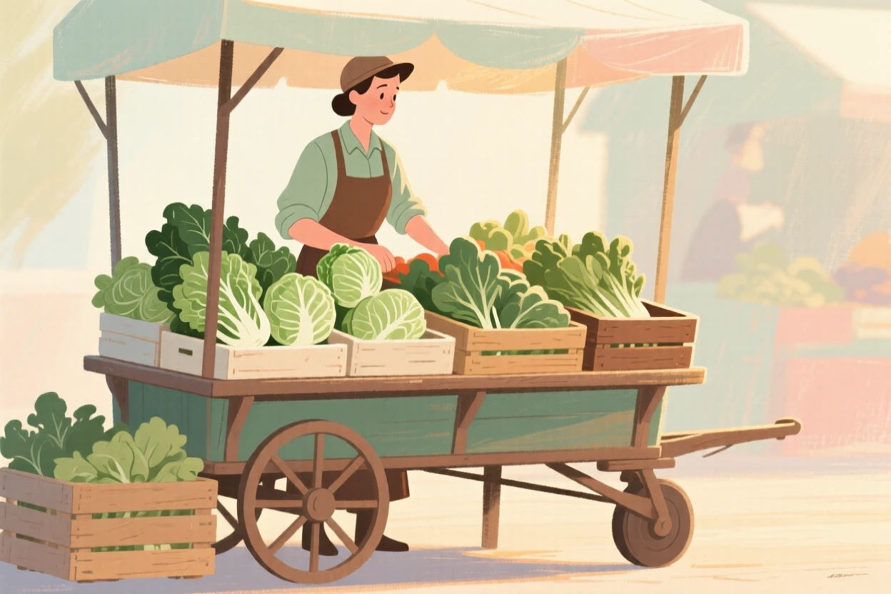 A market vendor's cart piled with cabbages and leafy greens