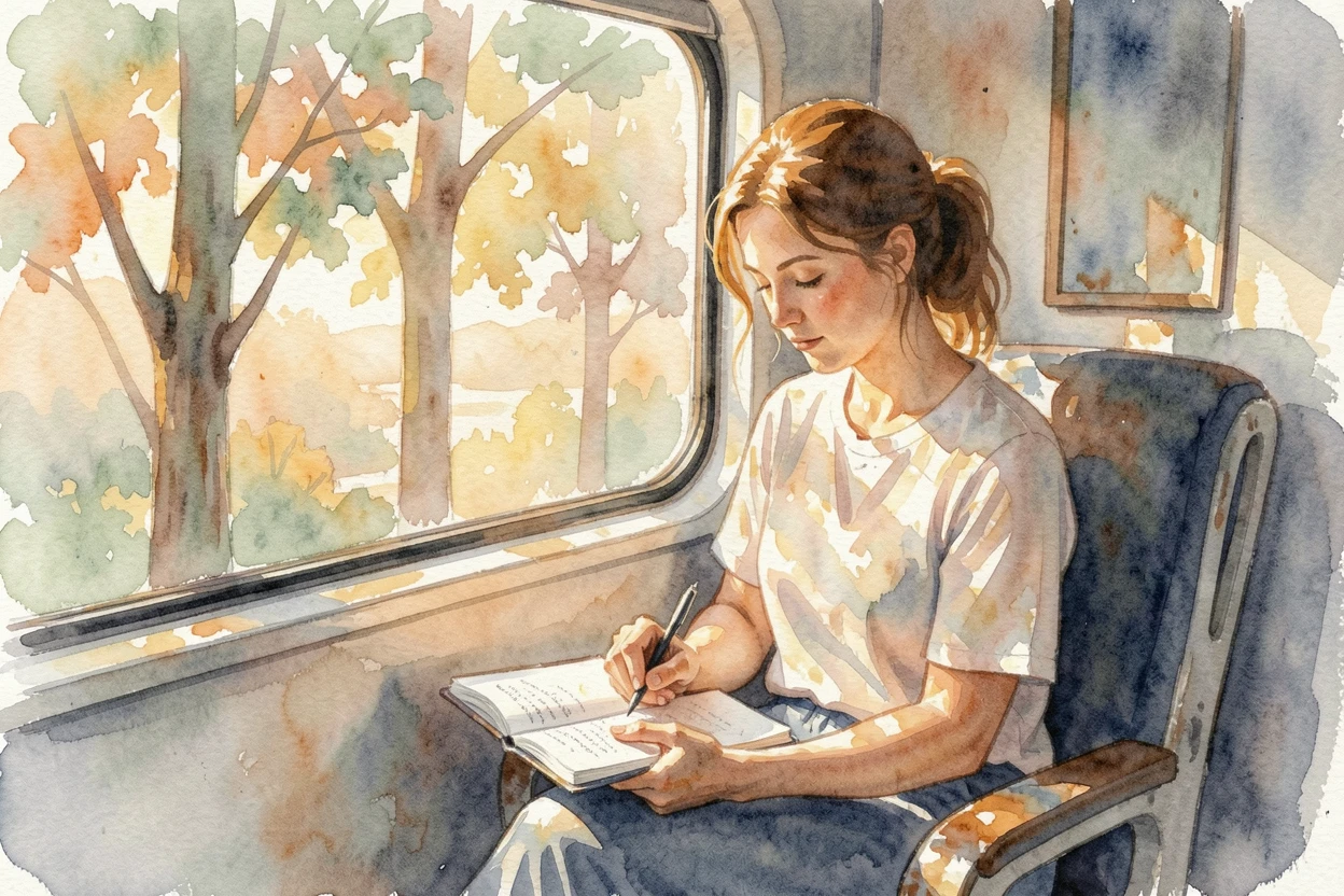 A woman journaling on a train by the window as the golden afternoon light filters through nearby trees.