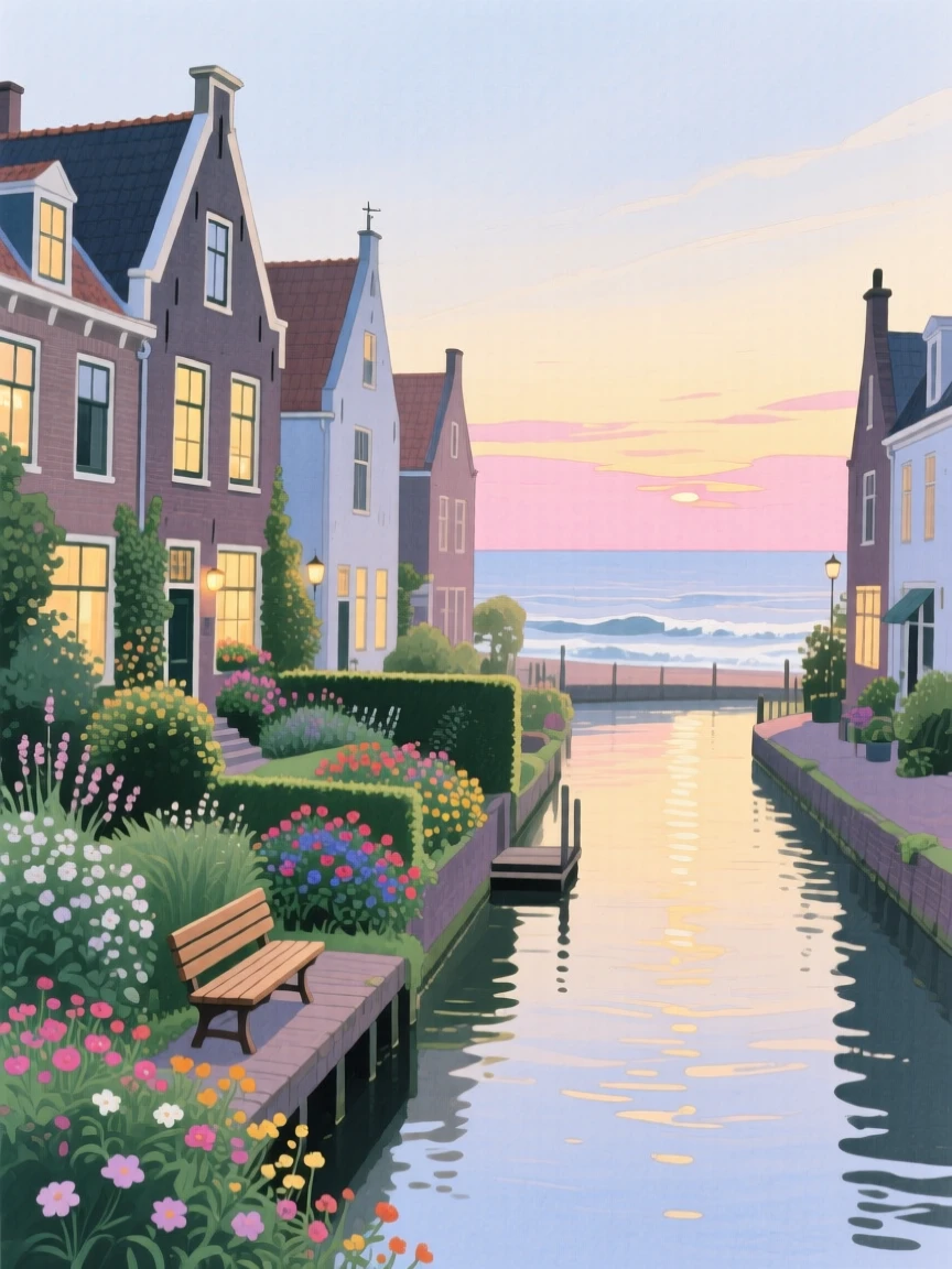 A picturesque view of a canal-lined Dutch town with terraced gardens overlooking the sea, as evening lights begin to glow