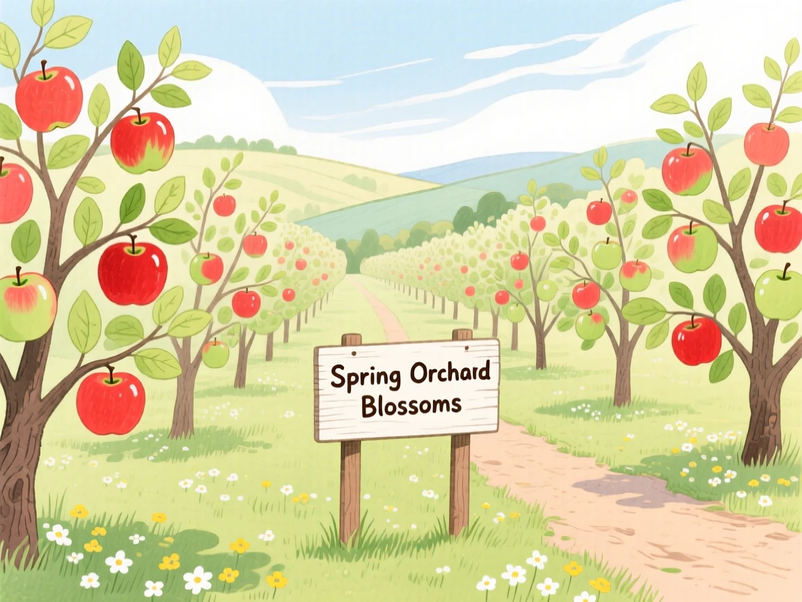 A panoramic scene of an orchard heavy with ripening apples in early spring.