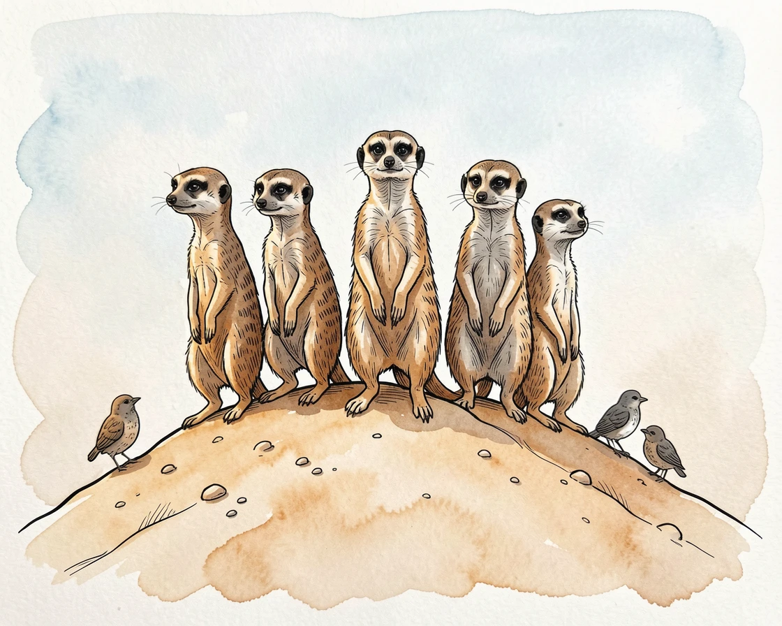 A group of meerkats standing alert atop a sandy mound, warm light catching the texture of fur and feather alike.