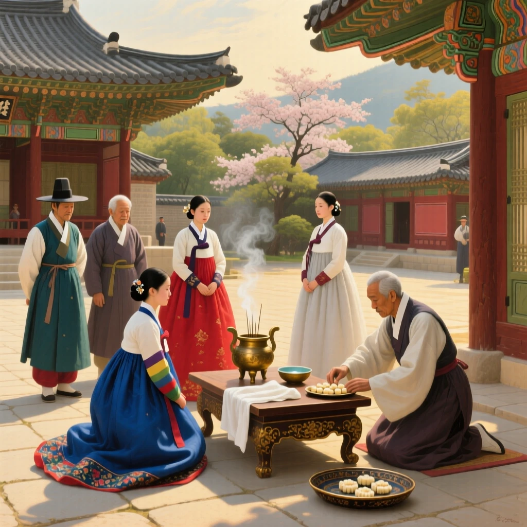 A traditional Korean hanbok ceremony held in a palace courtyard, as golden or dramatic lighting sets a timeless, cinematic mood, bringing a vivid, immersive moment of history to life