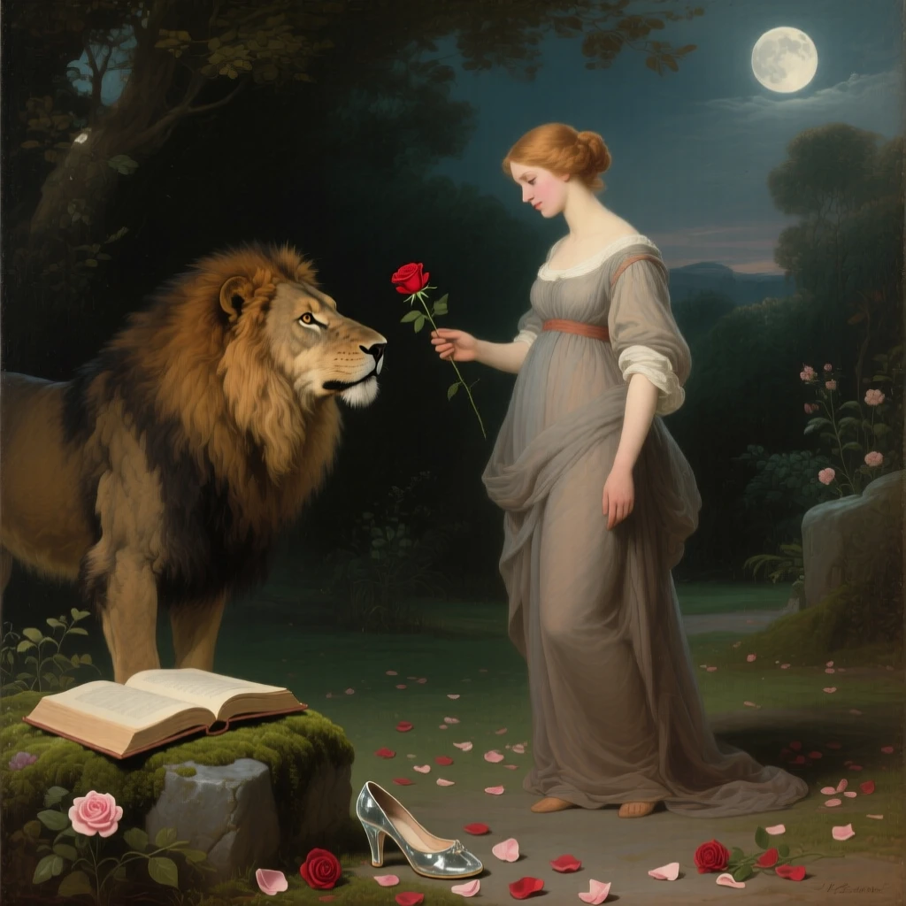 Beauty offering a rose to a gentle, misunderstood beast as if pulled directly from a cherished tale, set within a moonlit garden fit for legend, with scattered rose petals, an open storybook, and a forgotten glass slipper; soft vignetting draws focus to the storyteller at the scene's heart, capturing the enchantment of tales passed down through generations.