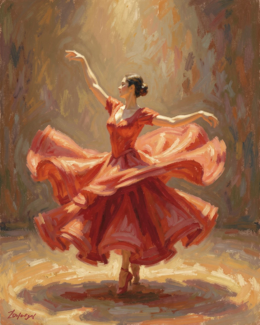 A flamenco dancer captured mid-spin, her red dress swirling dramatically under warm stage light, radiating serenity and gentle stillness.