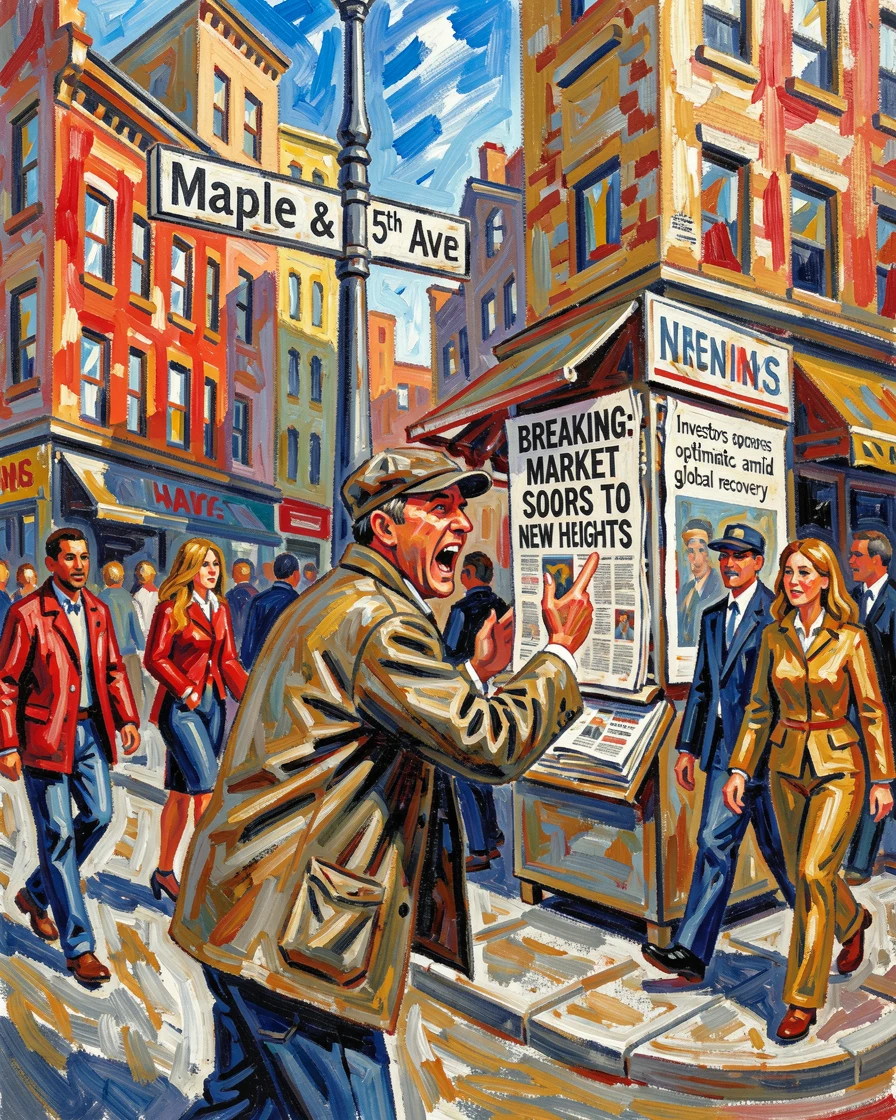 A busy street corner where a newspaper vendor calls out the day's headlines.