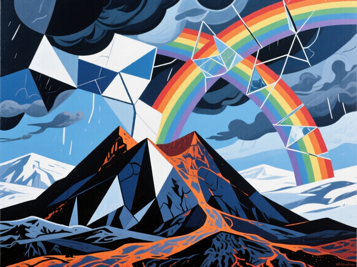 A medium shot of a volcanic ridge under a rainbow after a passing storm, in deep winter.