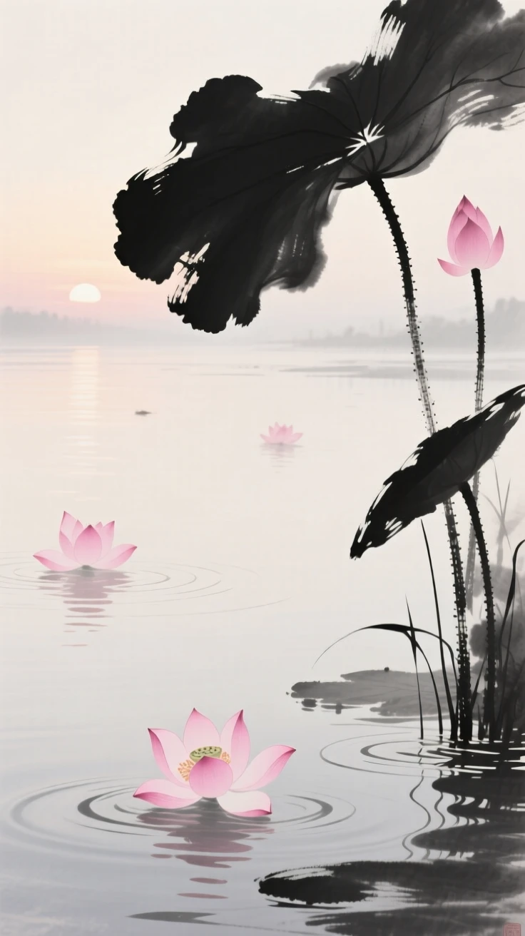 Pink lotus blossoms open across a still pond at dawn, as ripples spread slowly across the still water.