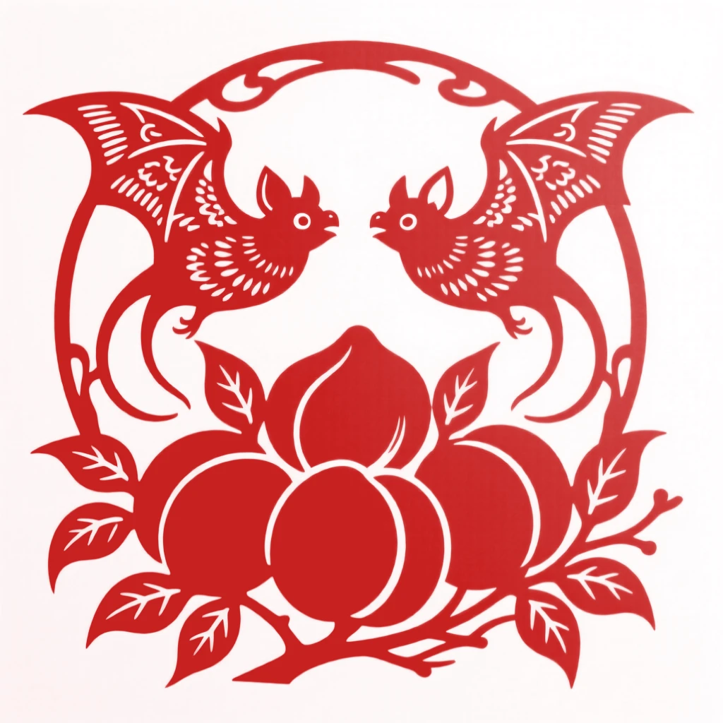 A bat pair circling above a cluster of peaches, an auspicious pairing symbolizing blessings and longevity