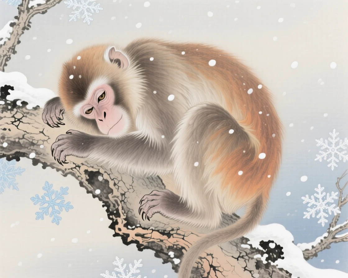 A monkey huddled together for warmth in a light snowfall