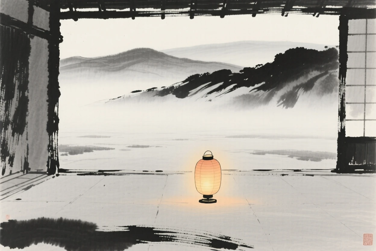 A single lantern glowing in an empty courtyard as mist slowly lifts from the valley, composed with vast open space to emphasize solitude, suggesting quiet longing and gentle stillness.