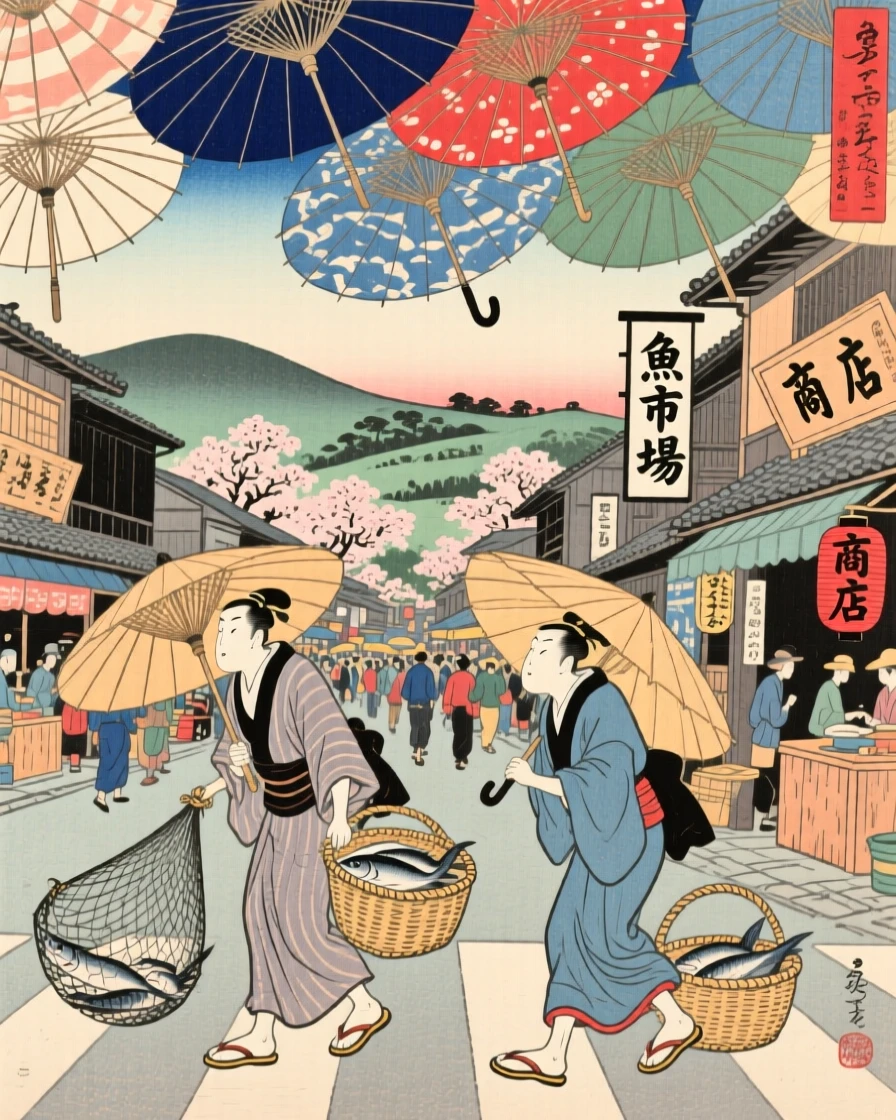 Fishermen crossing a busy intersection beneath a canopy of umbrellas.