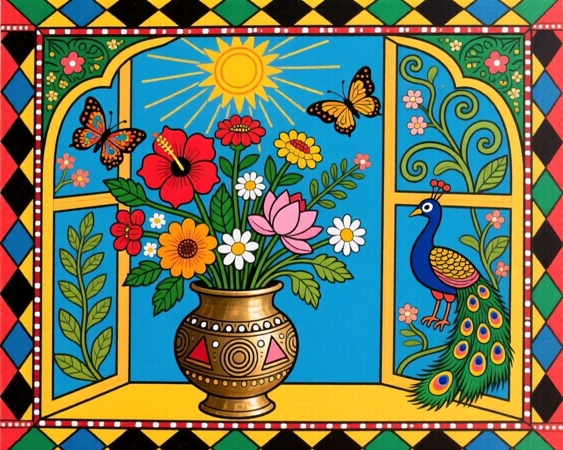A bouquet of wildflowers arranged in a brass vessel by a window.