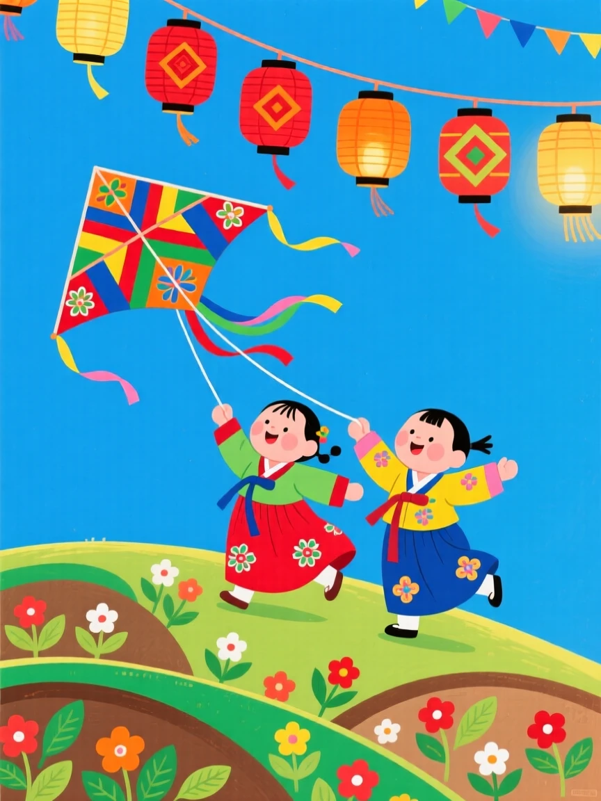 Children flying a kite on a hilltop under strings of paper lanterns.