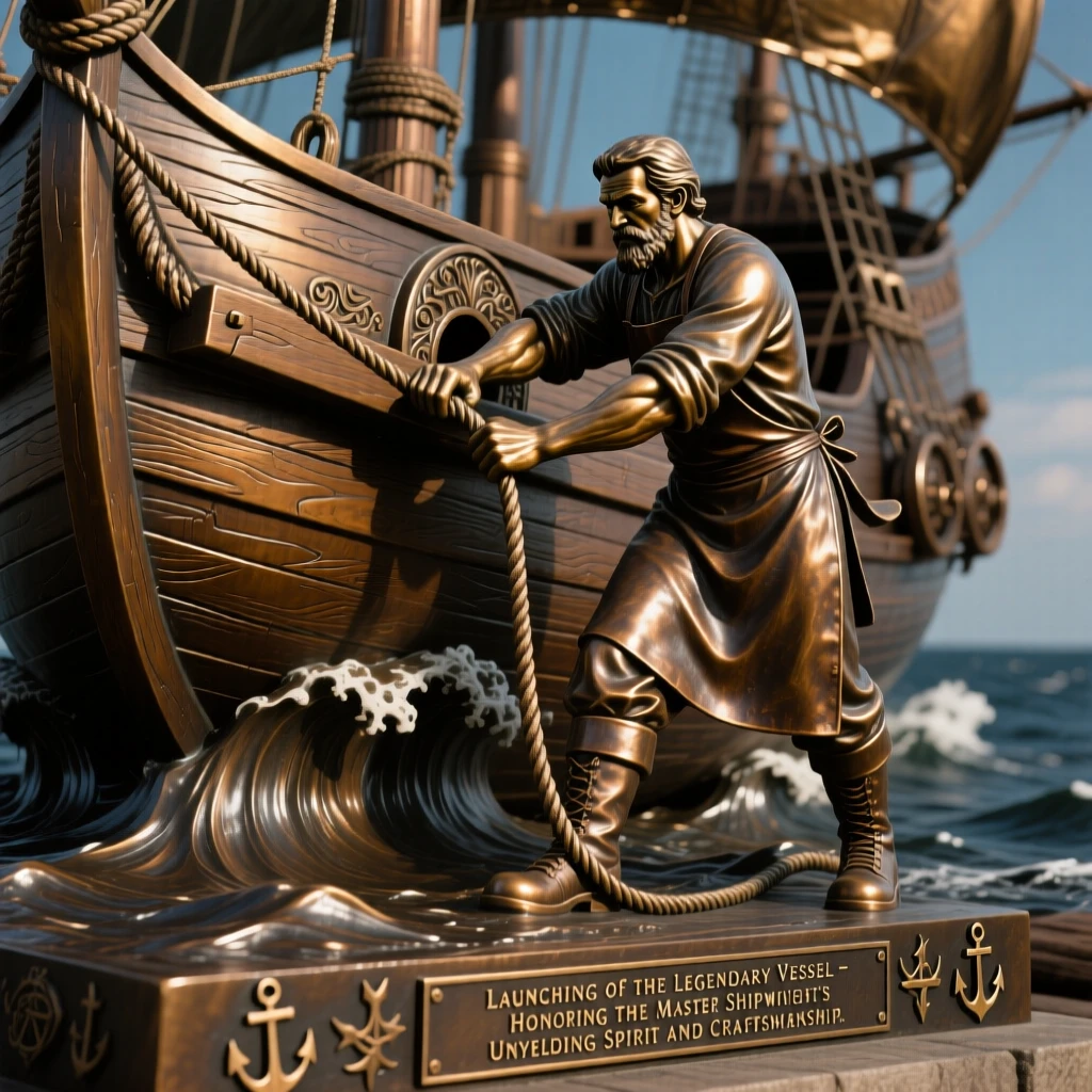 A legendary shipwright launching a newly built vessel, bathed in dramatic, atmospheric light, evoking legend and timeless drama