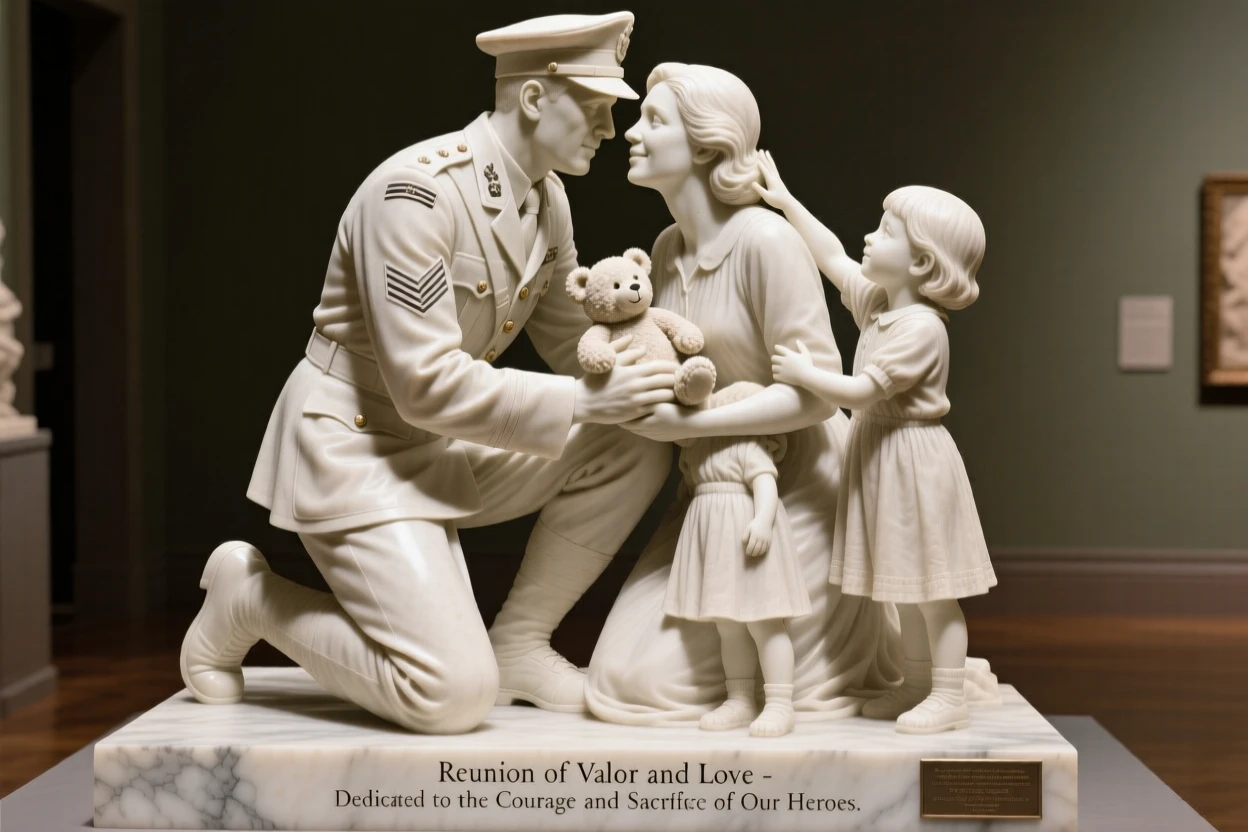 An emotionally powerful scene of a soldier reunited with his family at last, filled with warmth, tenderness, and connection