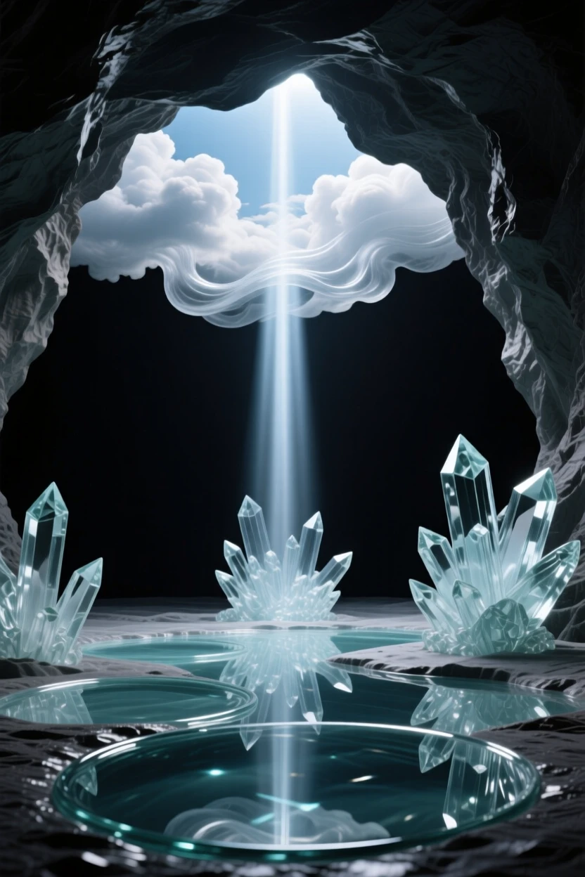 A hidden cave with a shaft of light illuminating crystal pools under a dramatic sky with shifting clouds, wide panoramic composition, feeling expansive and awe-inspiring.