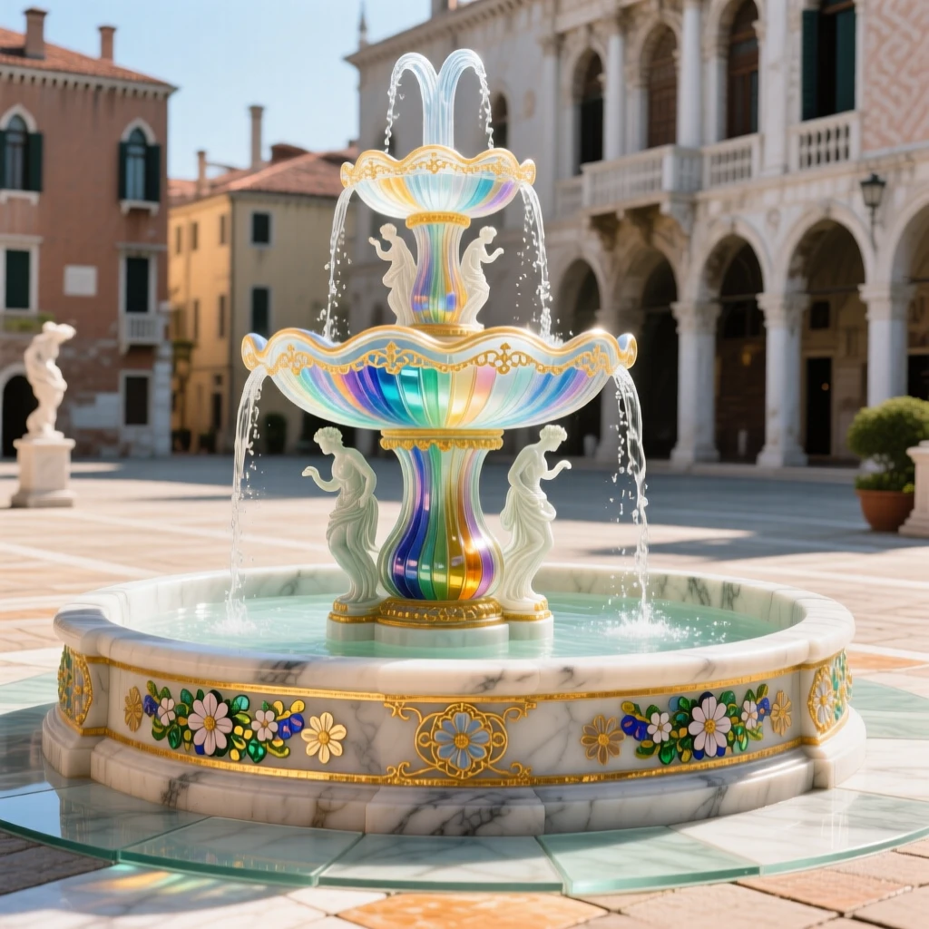 A grand marble fountain at the center of a sunlit palace plaza, elegant and refreshing.