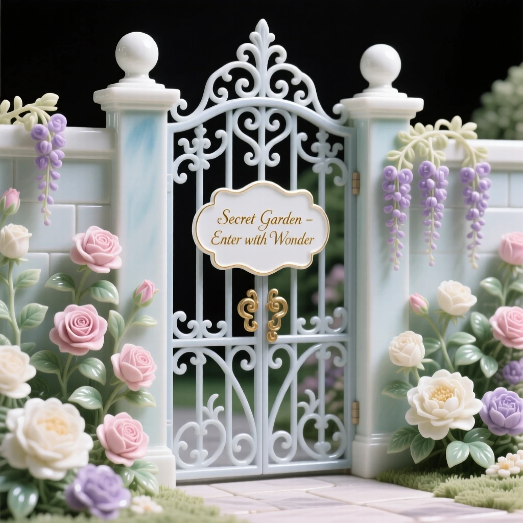 A sprawling secret walled garden in full bloom, framed by an antique iron gate.