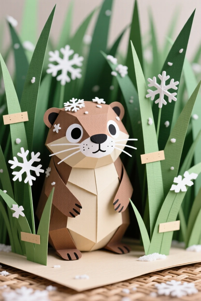A curious baby otter peeking out from tall grass, with fresh snowflakes settling on its coat, evoking innocent charm and gentle curiosity.