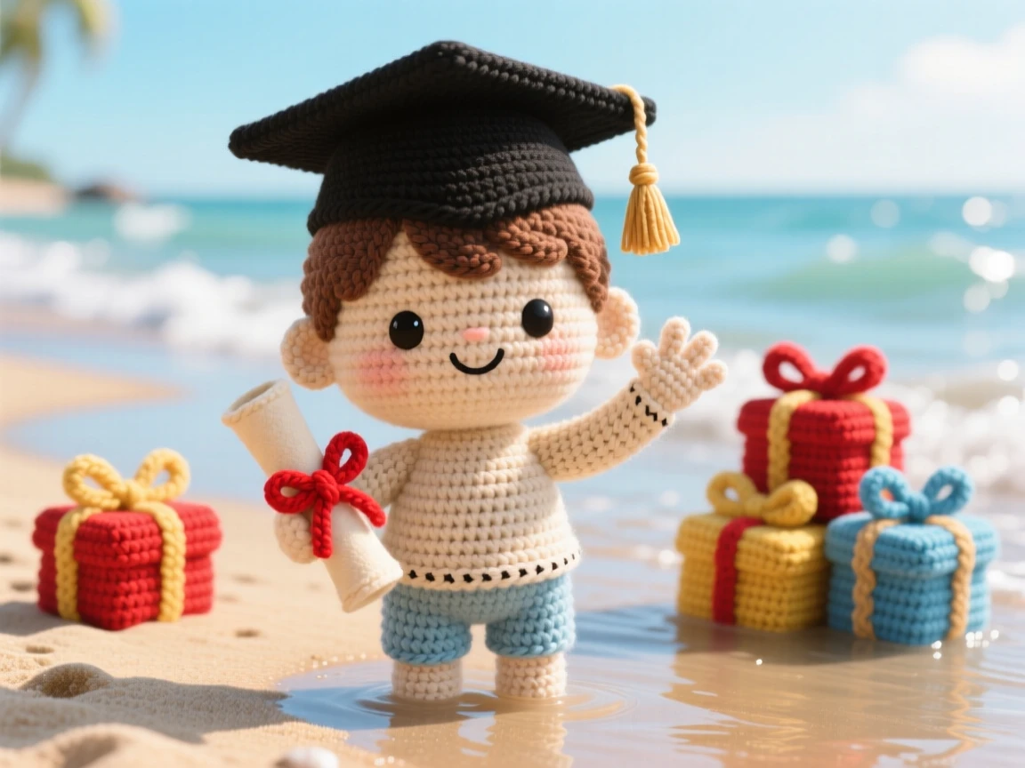 a small child wearing a graduation cap, holding a rolled diploma, waving proudly at a small ceremony, set in a sun-drenched summer beach at low tide, with a small pile of wrapped presents, full of the joyful anticipation of a favorite season.