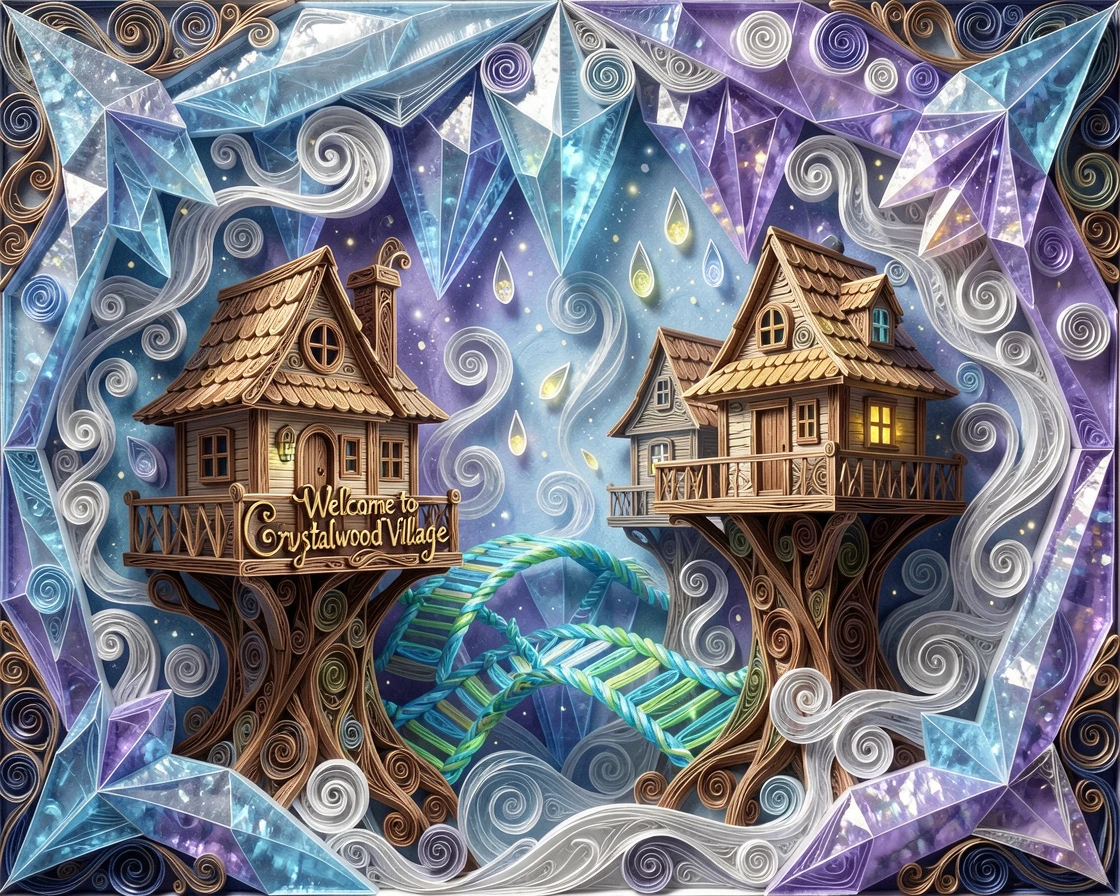 A magical fantasy scene of a treehouse village connected by glowing rope bridges within a crystal grotto glowing from within, with tiny sparkling motes of light drifting through the air, composed with soft ethereal mist drifting through the scene.