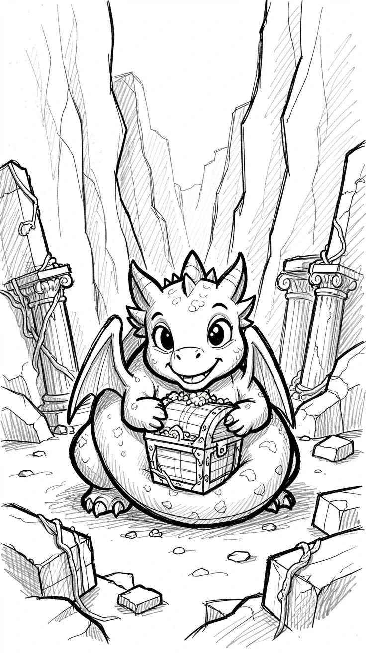 A small friendly dragon curled around a treasure chest in a canyon lined with ancient ruins.