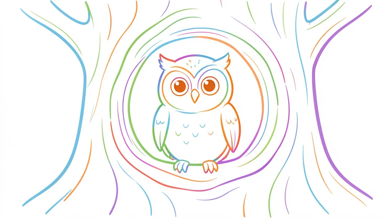 A round-eyed baby owl character perched inside a knothole in a tree.