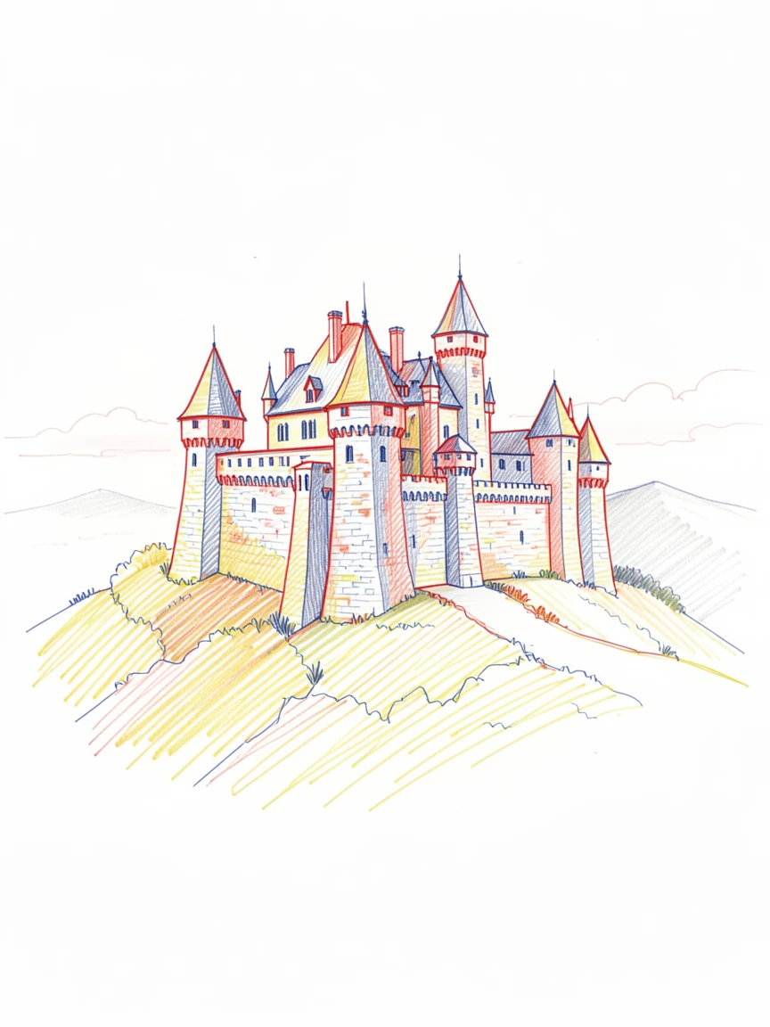 A grand stone castle perched atop a misty hill at dawn