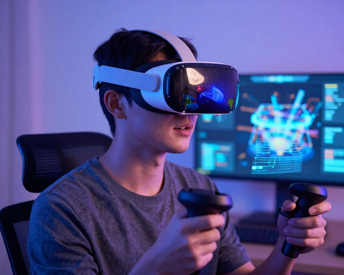 A virtual reality user immersed in a digital environment