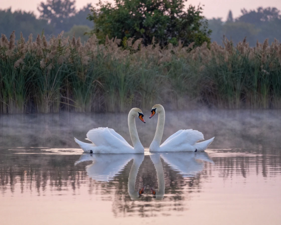 A pair of swans glides silently across a mirror-still lake at dawn.