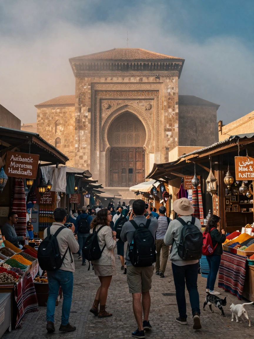 Travelers exploring a hillside monastery wrapped in cloud within a bustling Moroccan medina