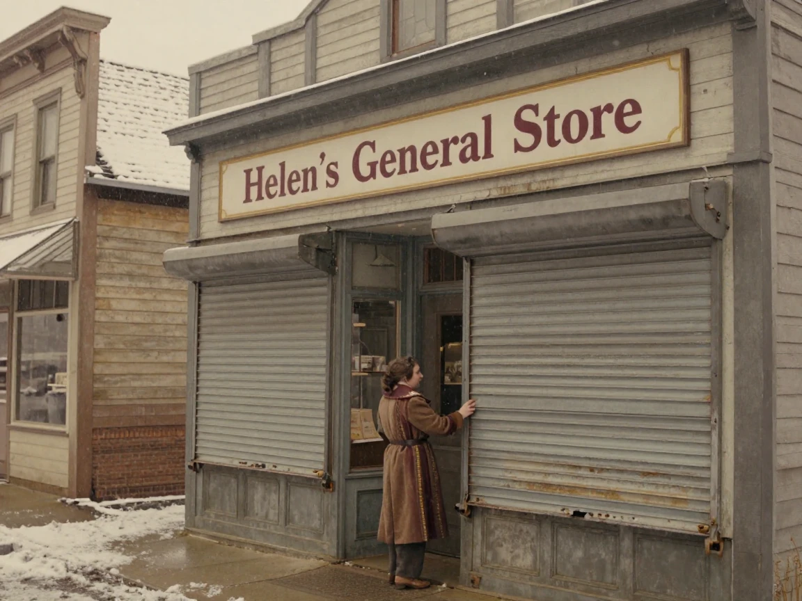 A shopkeeper rolling up the metal shutter of her small store, in gentle diffused daylight, under a light drizzle, under the first snow of winter, with rich burgundy and gold accents, from a wide establishing view.